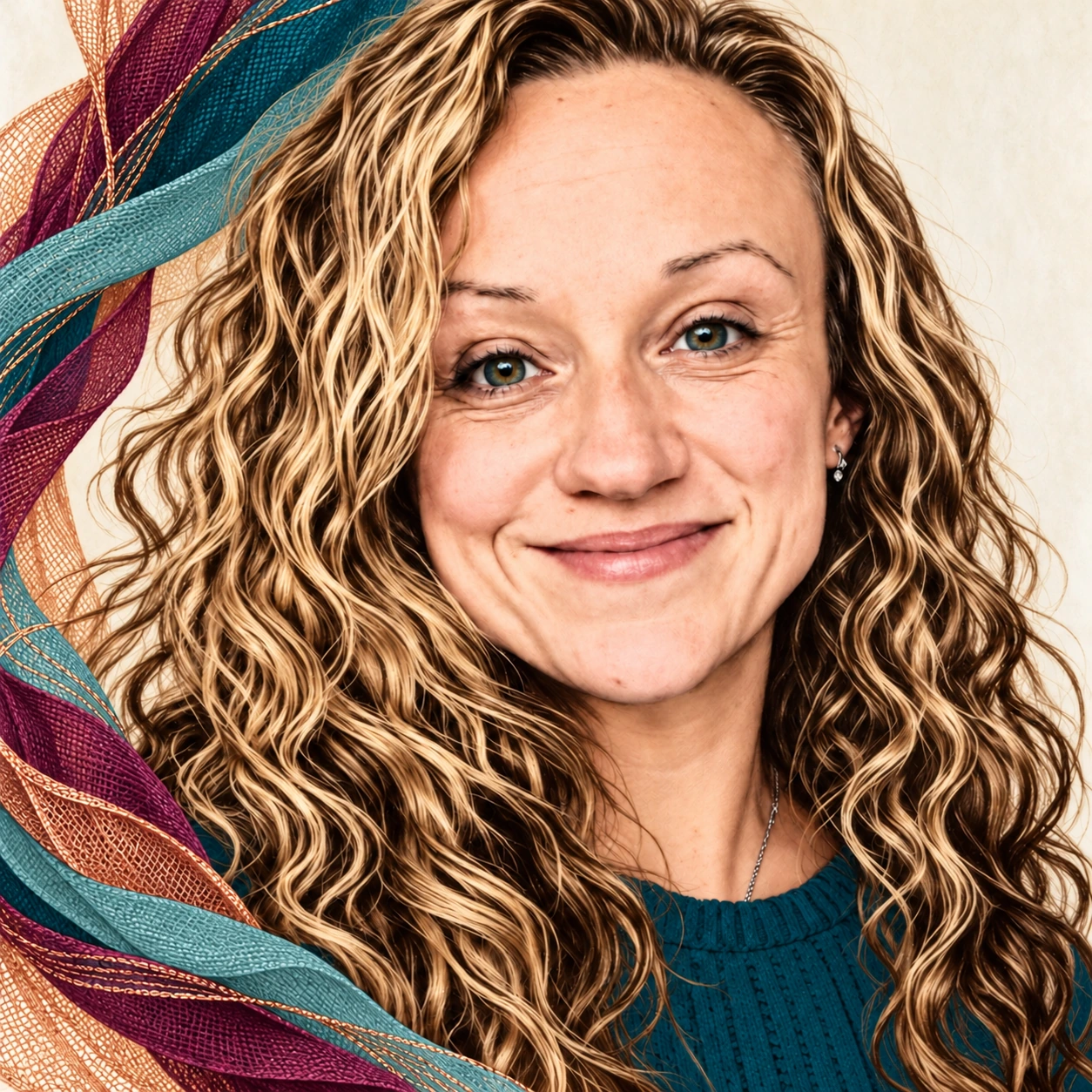 Illustrated portrait of Jess Galland, founder of The Nutrition Loom, framed by light teal, dark teal, copper, and mulberry weaving