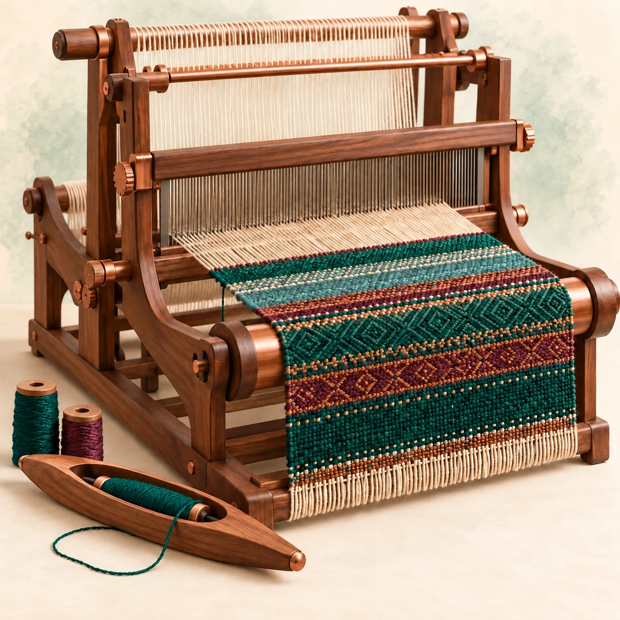 An artisan wooden loom weaving light teal, dark teal, mulberry, copper, and ivory threads into a connected textile