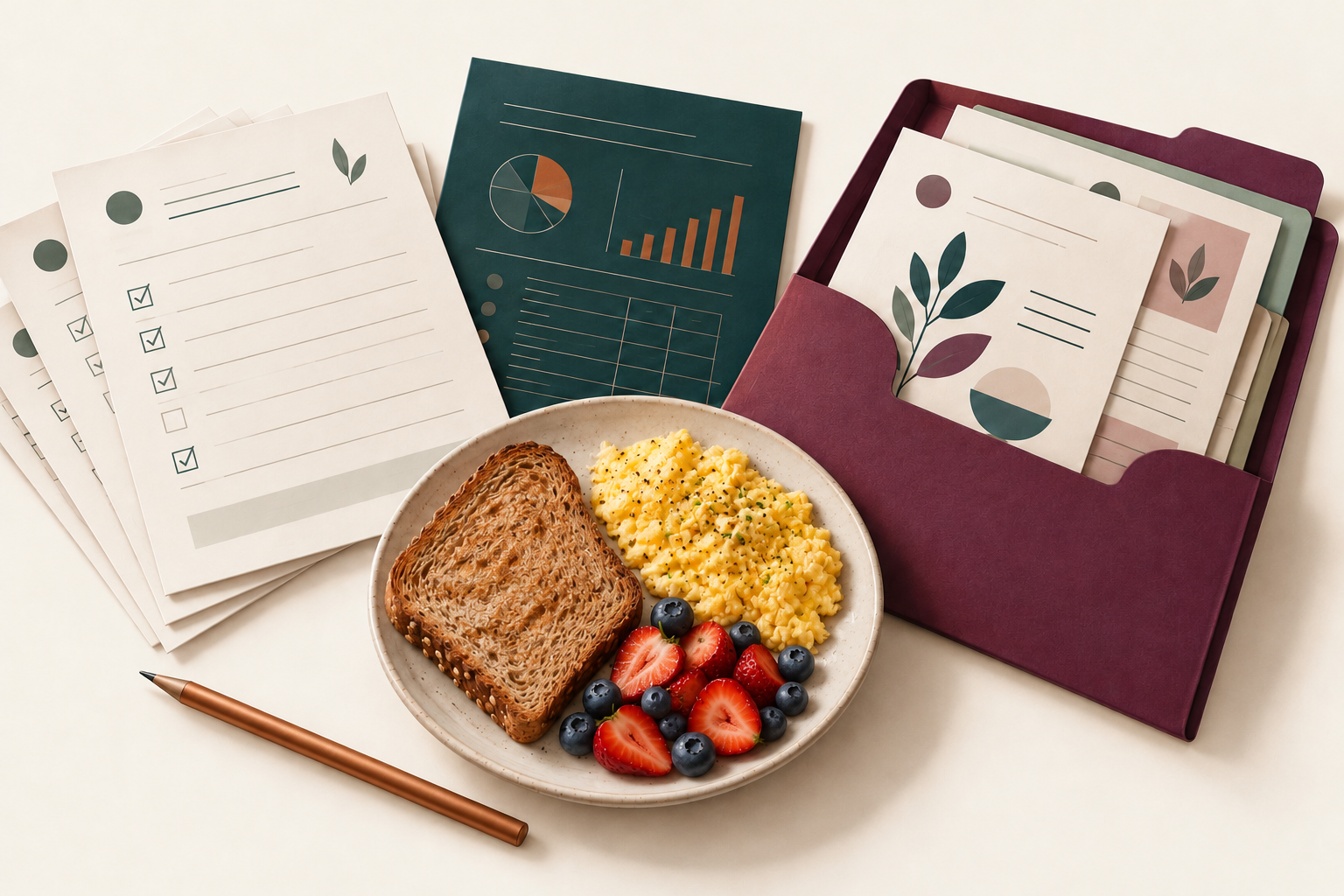Editorial illustration of session notes, nutrition calculations, everyday foods, and an education resource folder
