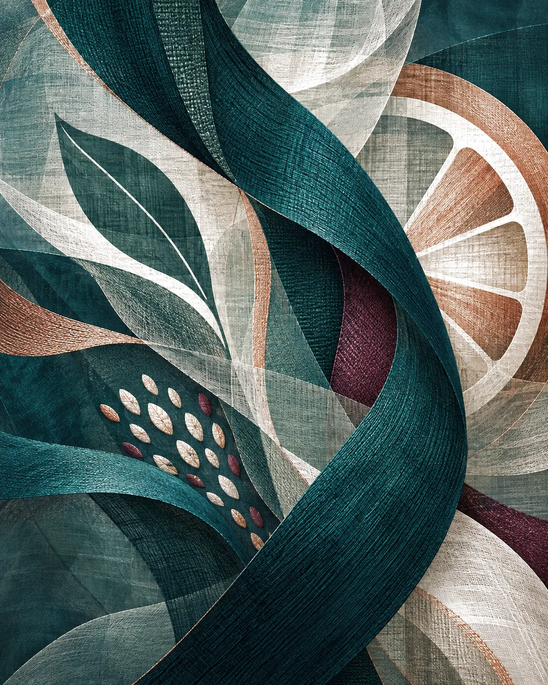 Woven textile artwork in teal, ivory, copper, and mulberry with food-inspired forms